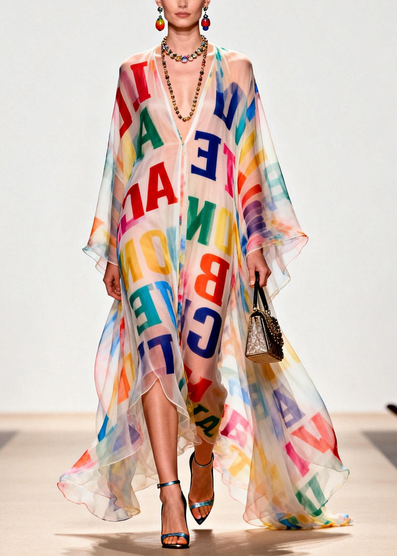 Oversized Letter Print Exra Large Hem Chiffon Beach Dress Summer