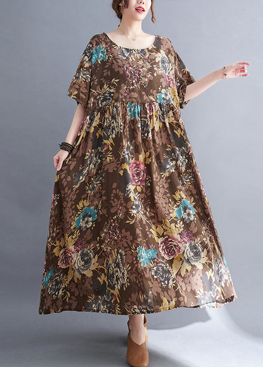 Coffee O-neck Print Maxi Dress Short Sleeve