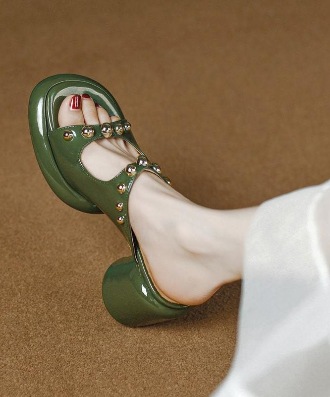 Green Faux Leather Rivet Splicing Peep Toe Chunky Slide Sandals