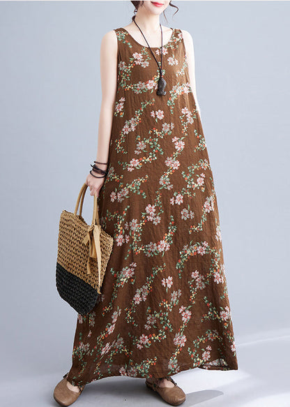 Coffee O-neck Print Linen Beach Dresses Sleeveless