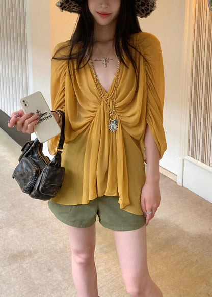 Yellow V Neck Wrinkled Shirt Batwing Sleeve