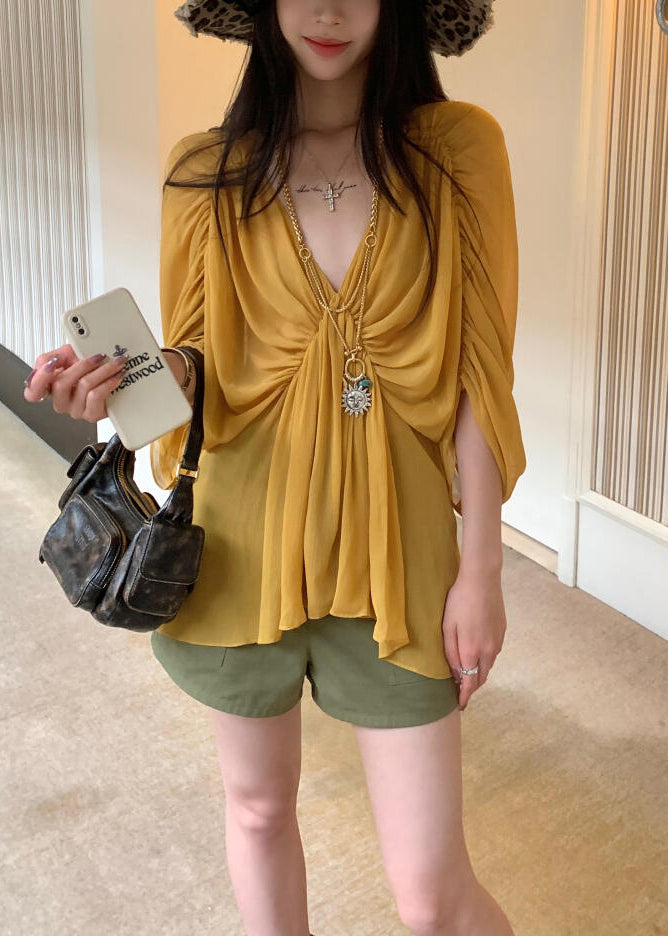 Yellow V Neck Wrinkled Shirt Batwing Sleeve