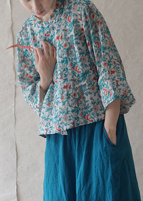 Blue Button Print Linen Shirts Bracelet Sleeve