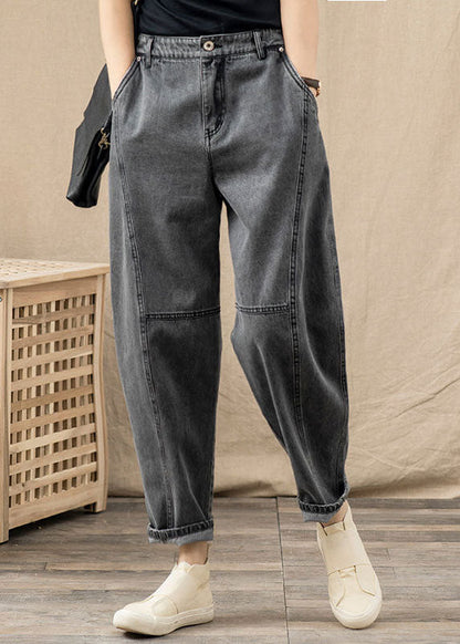 Grey Elastic Waist Pockets Patchwork Cotton Denim Harem Pants Summer