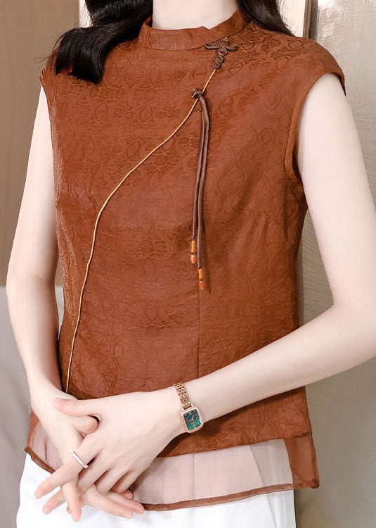 Brown Tasseled Patchwork Jacquard Silk Shirt Sleeveless