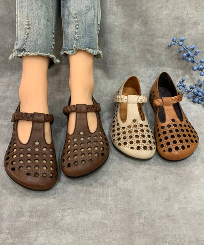 Comfy Beige Flat Shoes Hollow Out Cowhide Leather