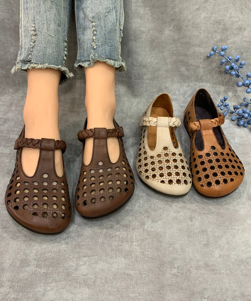 Comfy Coffee Flat Shoes Hollow Out Cowhide Leather