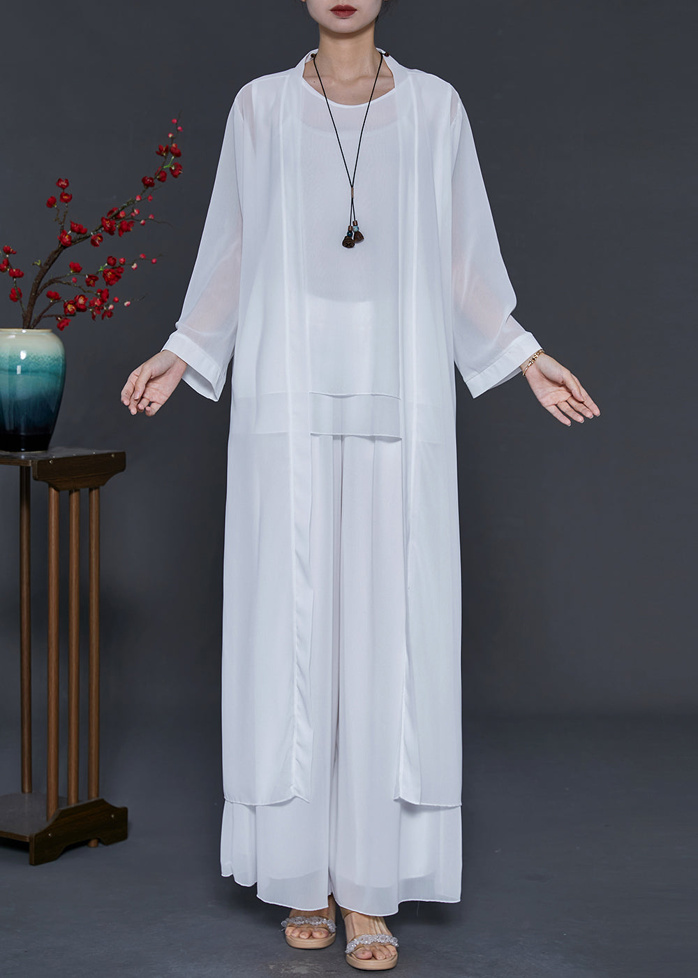 Simple White Oversized Draping Chiffon Three Piece Set Summer