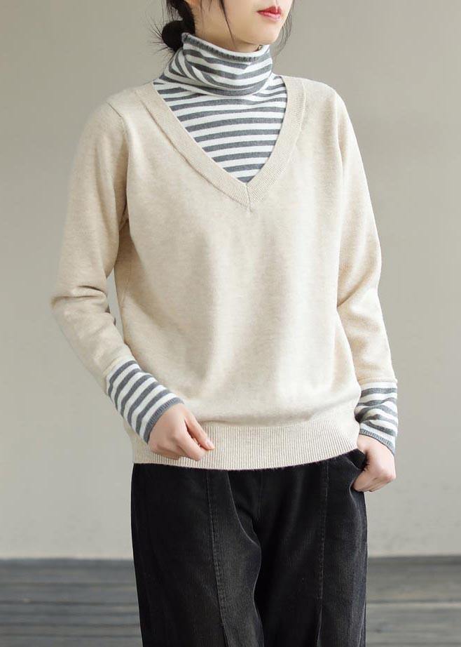 Comfy Beige Blouse Patchwork High Neck Spring Knitted Blouse