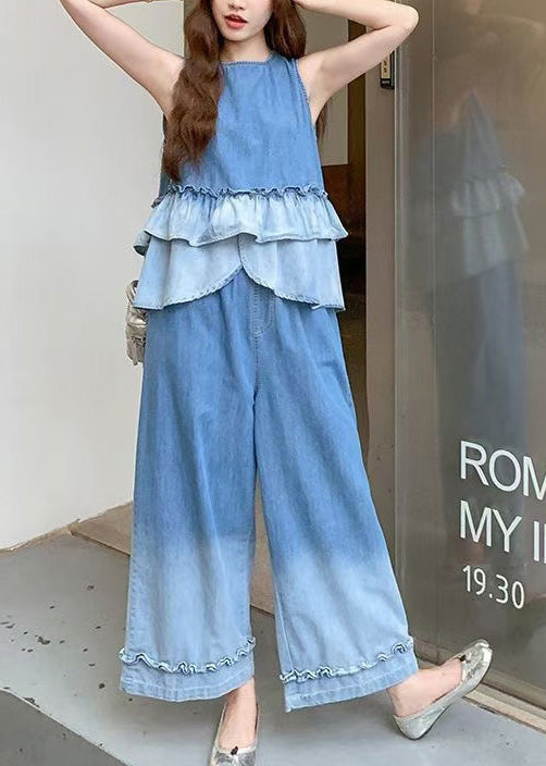 Gradient Color Ruffles Patchwork Denim Two Pieces Set Summer
