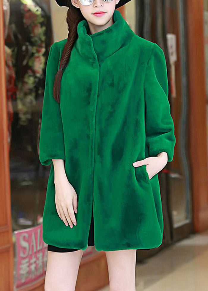 Green Stand Collar Oversized Fuzzy Fur Fluffy Coats Bracelet Sleeve