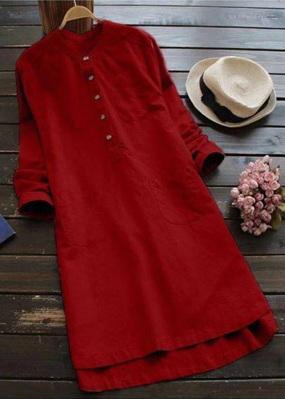 Loose White Button Pockets Linen Shirt Dresses Long Sleeve Fall