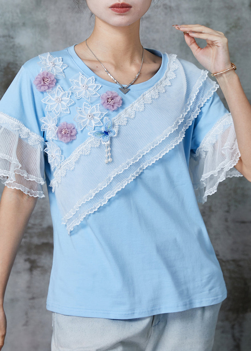 Modern Blue Patchwork Lace Cotton Tank Flare Sleeve