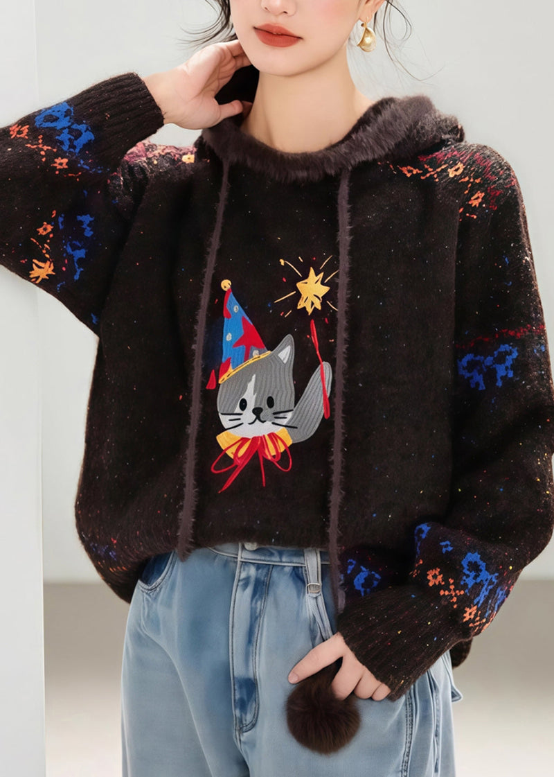 Novelty Coffee Tie Lace Print Thick Cotton Knit Hooded Sweater Fall