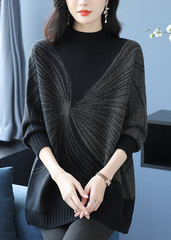 Black Turtleneck Zircon Thick Knit Sweaters Fall