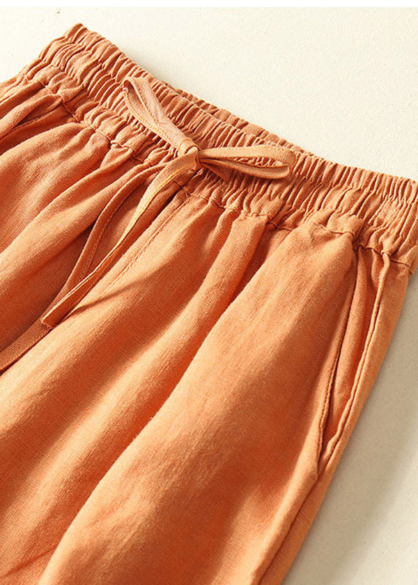 Stylish Orange Pockets Elastic Waist Drawstring Linen Wide Leg Pants Summer