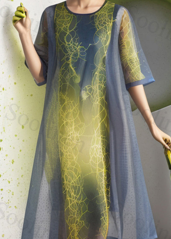 Organic Colorblock O Neck Print Silk Dress Summer