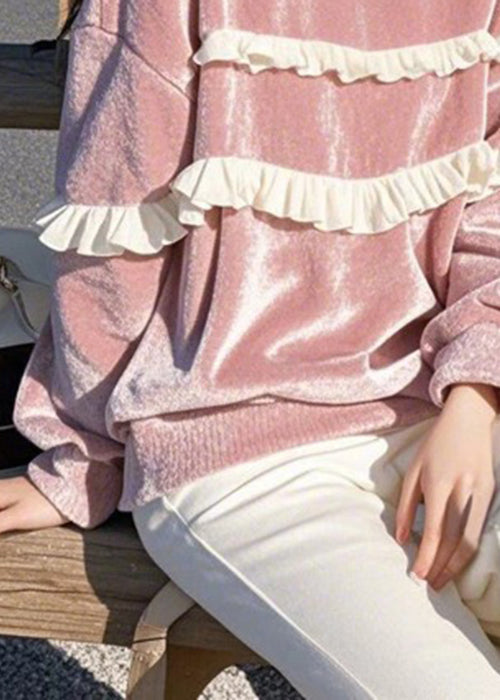 Loose Pink O-neck Ruffled Silk Velour T Shirts Winter