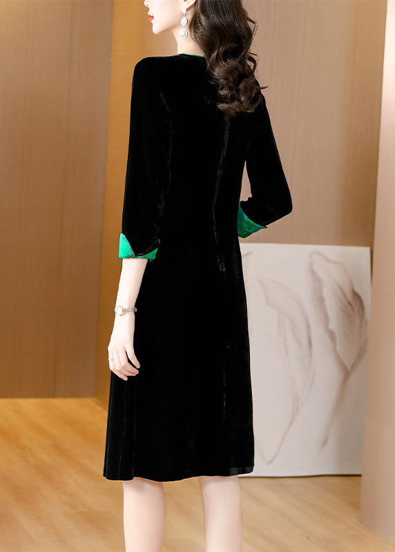 Style Black O-neck Print Patchwork Button Silk Velour Maxi Dresses Fall