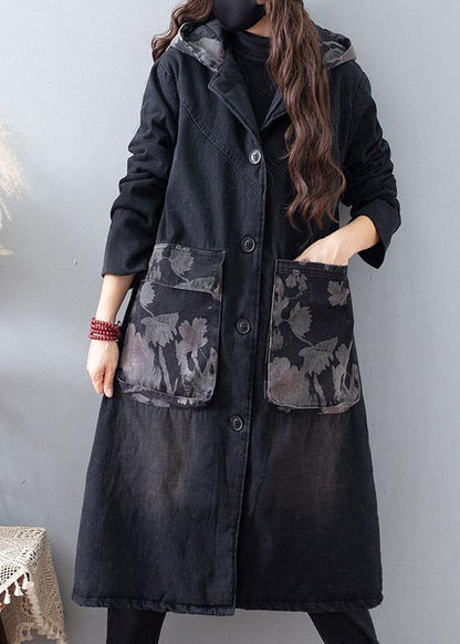 Fine Clothing Coats Denim Black Hooded Pockets Outwear