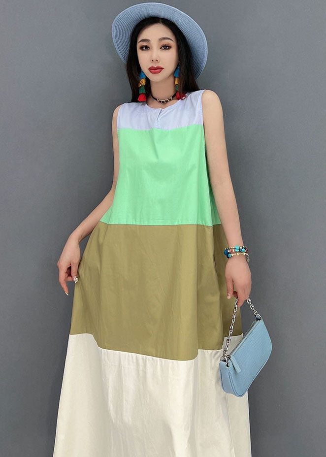 Slim Fit Colorblock O-neck Patchwork Cotton Holiday Long Dress Sleeveless