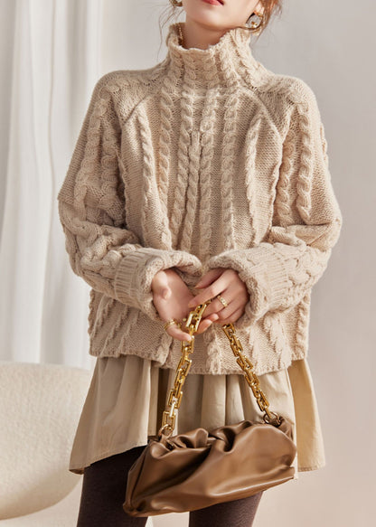 Style Beige Hign Neck False Two Pieces Knit Sweaters Winter