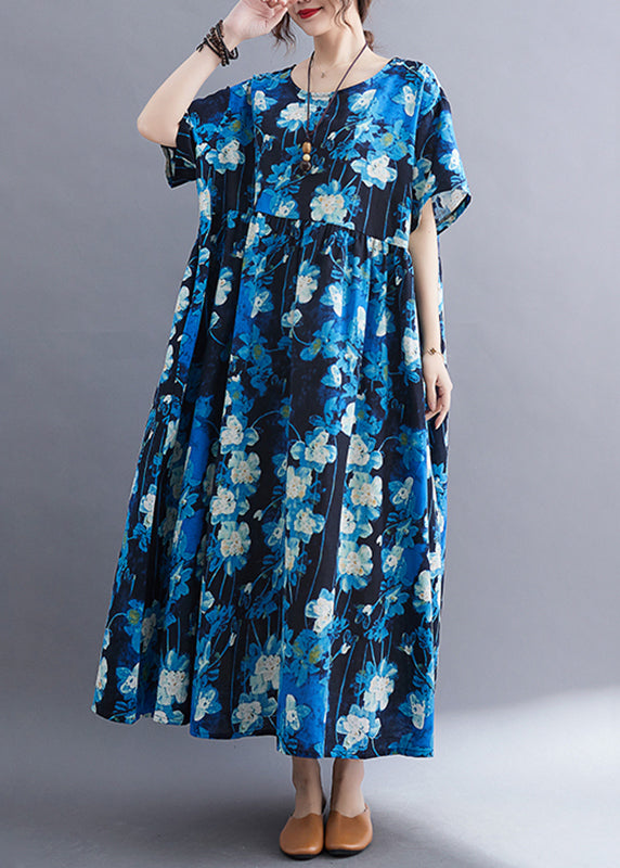 Blue Print Patchwork Vacation Maxi Dresses Short Sleeve