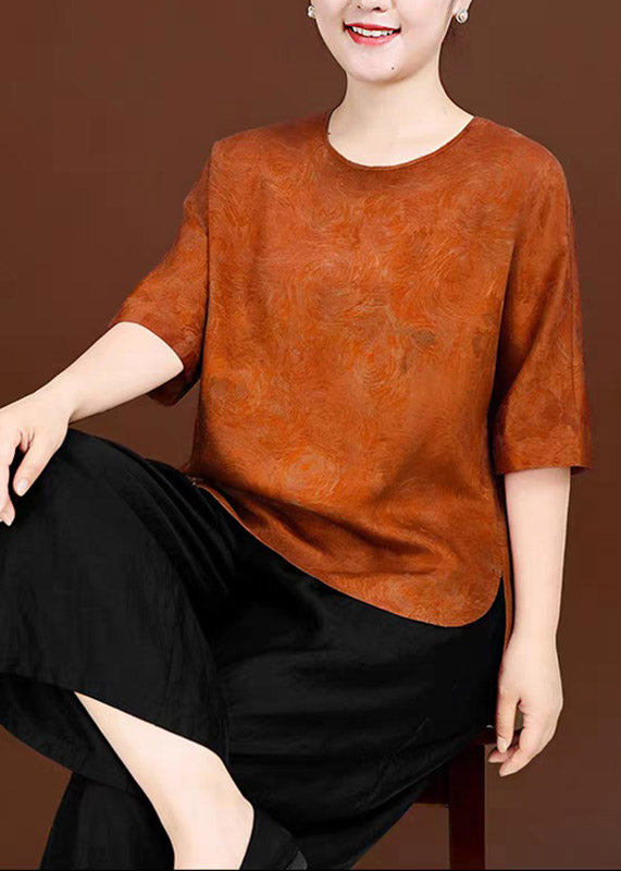 Jacquard Orange O-neck Low High Design Silk T Shirts Summer