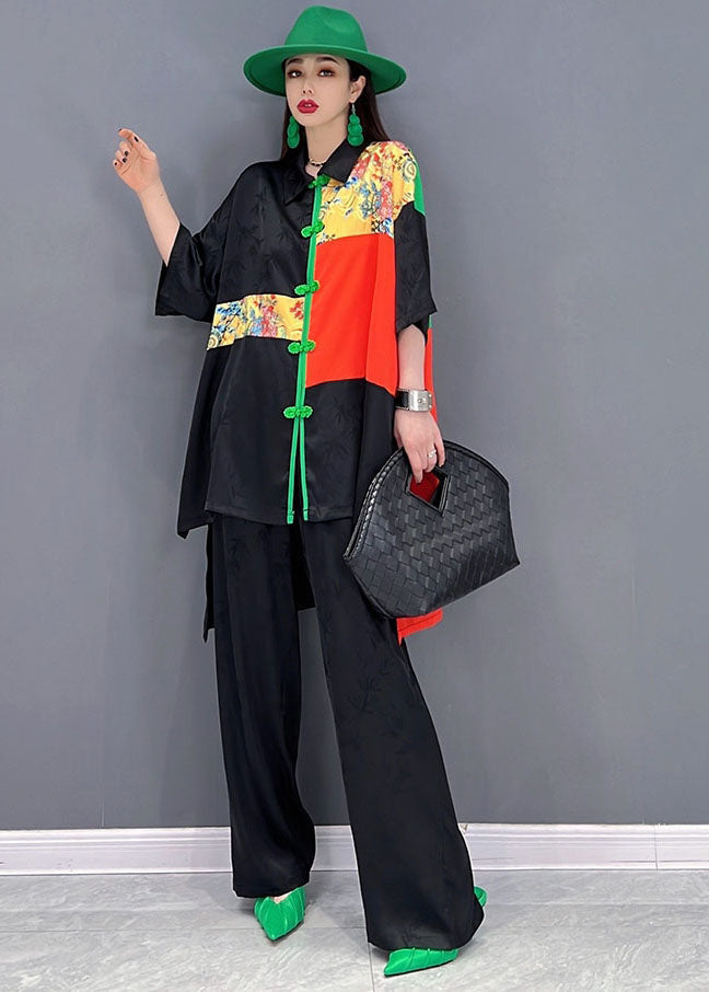 Black Patchwork Low High Design Jacquard Silk Two Pieces Set Summer