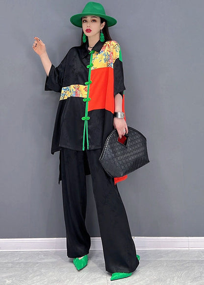 Black Patchwork Low High Design Jacquard Silk Two Pieces Set Summer