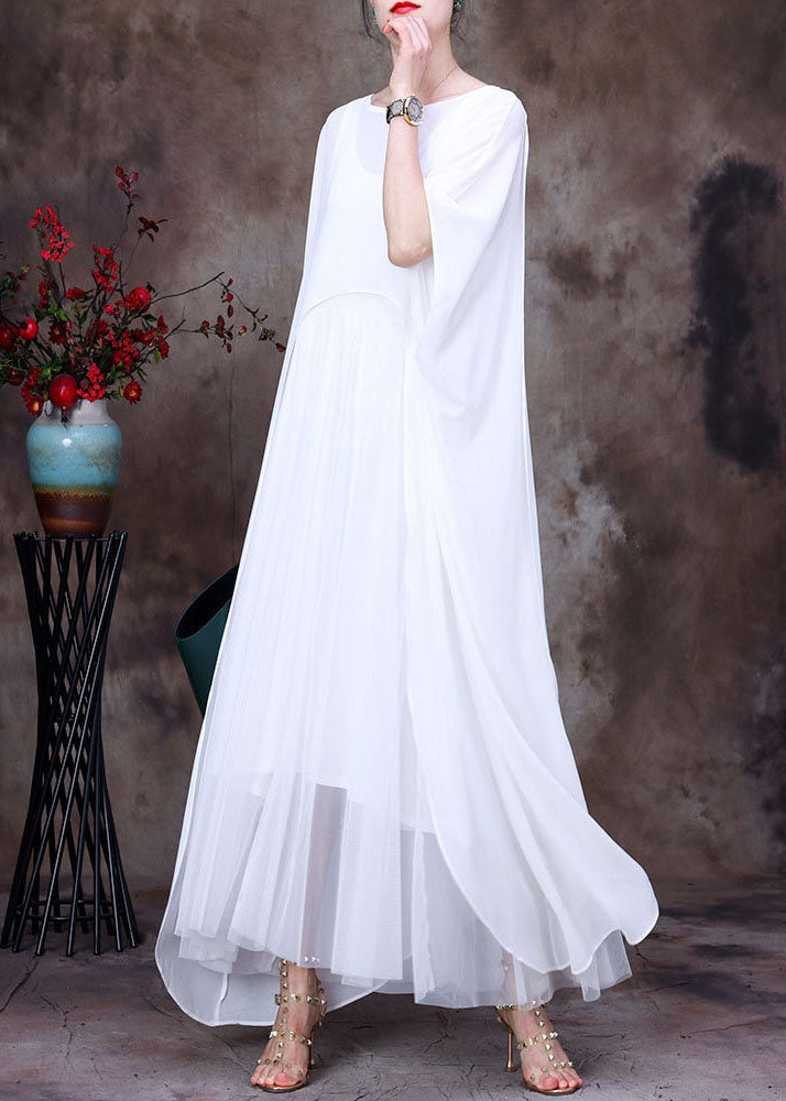 White O-neck Asymmetrical Design Chiffon Cloak Dress Batwing Sleeve