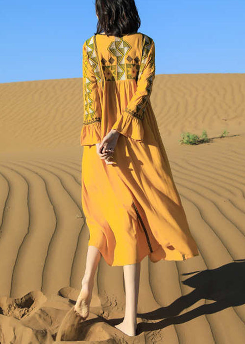 Yellow Embroidered Tasseled Patchwork Cotton Dress Fall