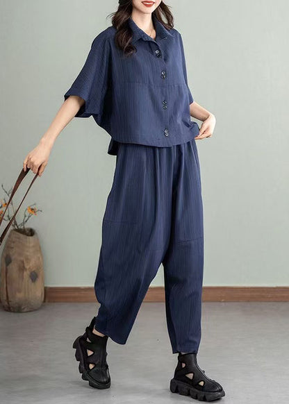 Natural Navy Oversized Cotton Sets 2 Pieces Summer