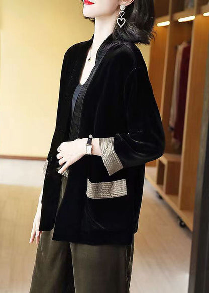 Loose Black V-neck Pockets Patchwork Silk Velour Cardigans Bracelet Sleeve