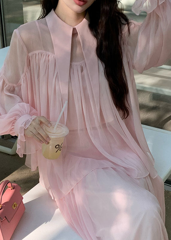 Pink Patchwork Wrinkled Tulle Shirt and Maxi Skirts Two Piece Set Spring