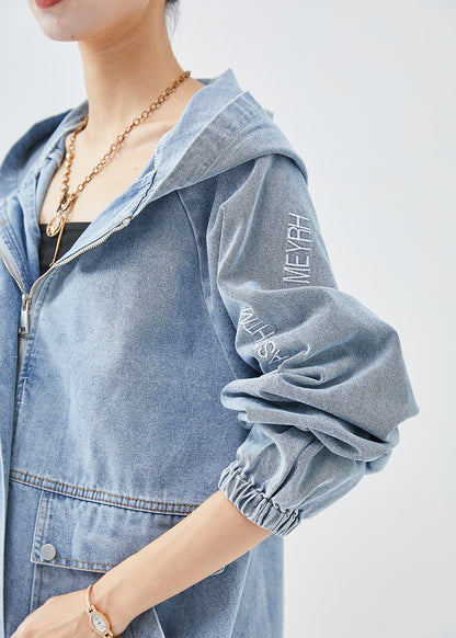 Diy Blue Hooded Letter Embroideried Denim Coat Fall