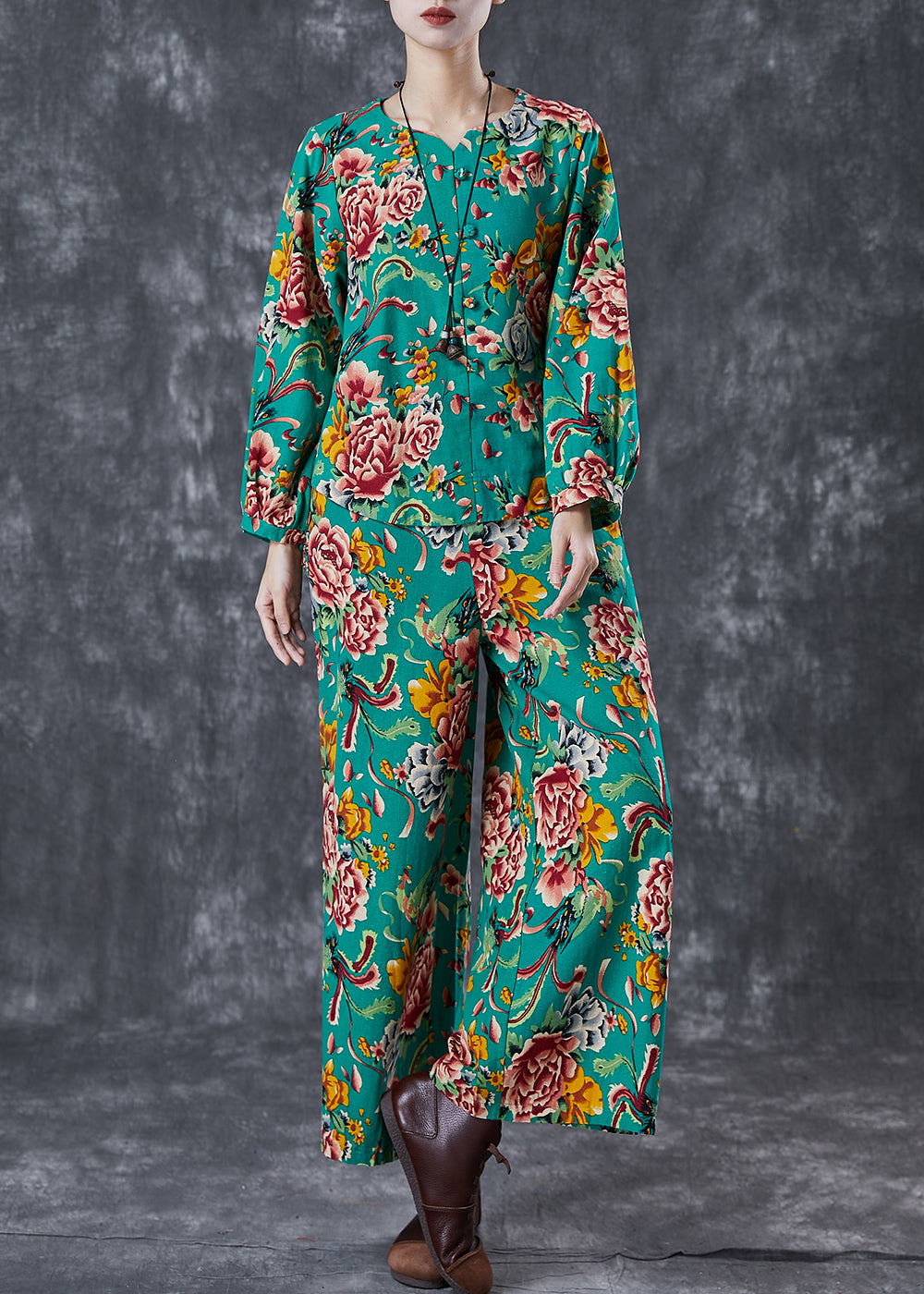Green Print Chinese Button Linen Two Piece Set Fall
