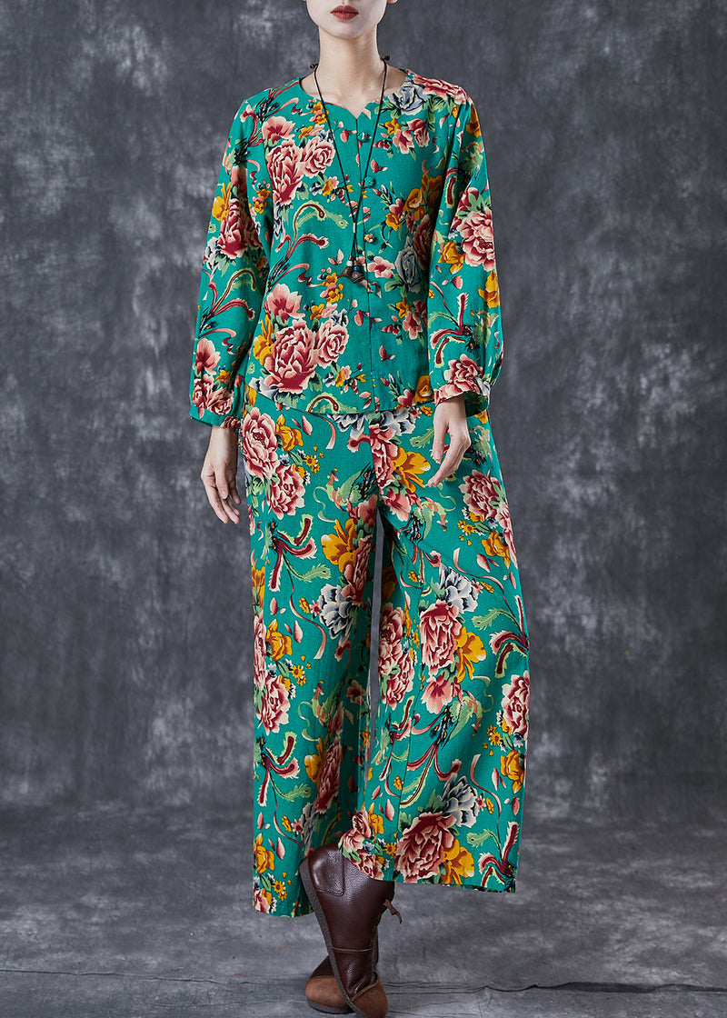 Green Print Chinese Button Linen Two Piece Set Fall
