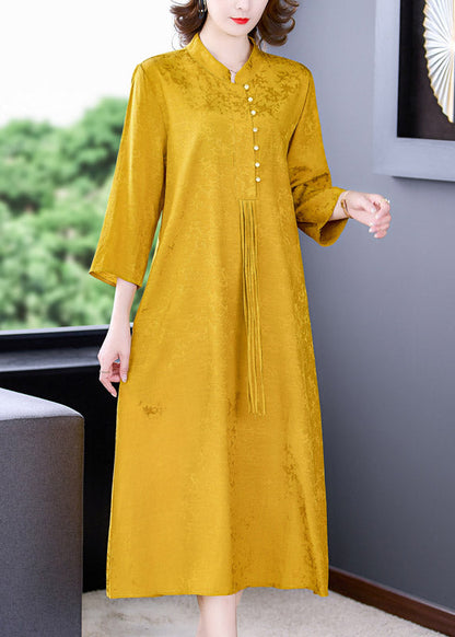 Yellow Stand Collar Tassel Button Silk Long Dresses Long Sleeve