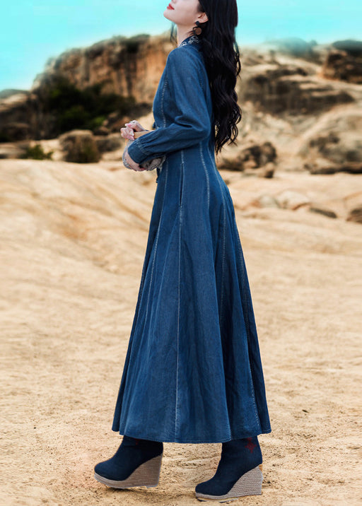 Blue V Neck Embroideried Button Cotton Denim Long Dresses Long Sleeve