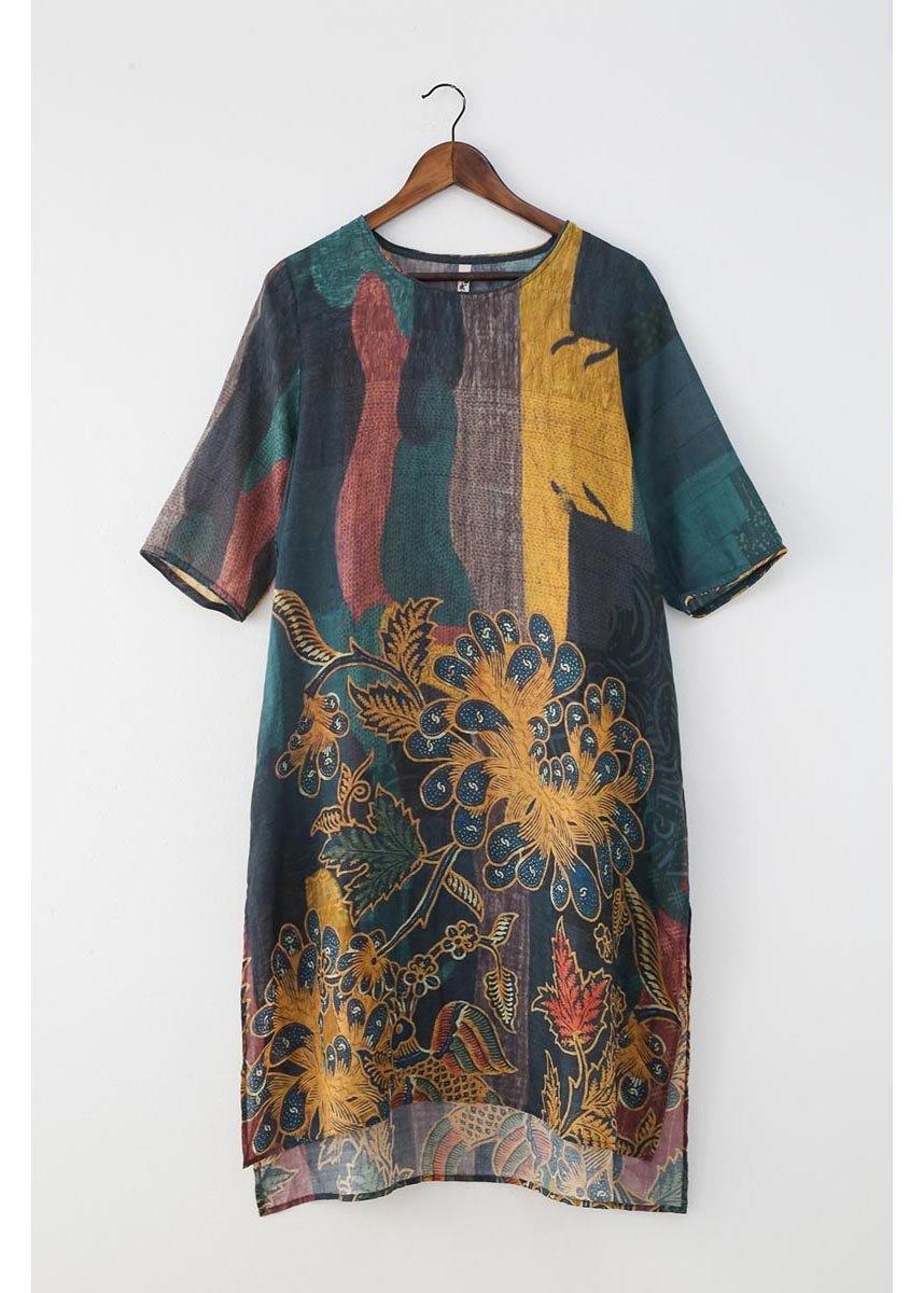 Yellow Green Print Linen O-neck Summer Maxi Dresses