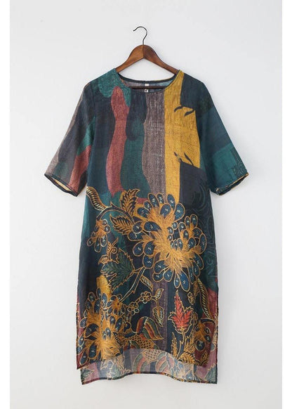 Yellow Green Print Linen O-neck Summer Maxi Dresses