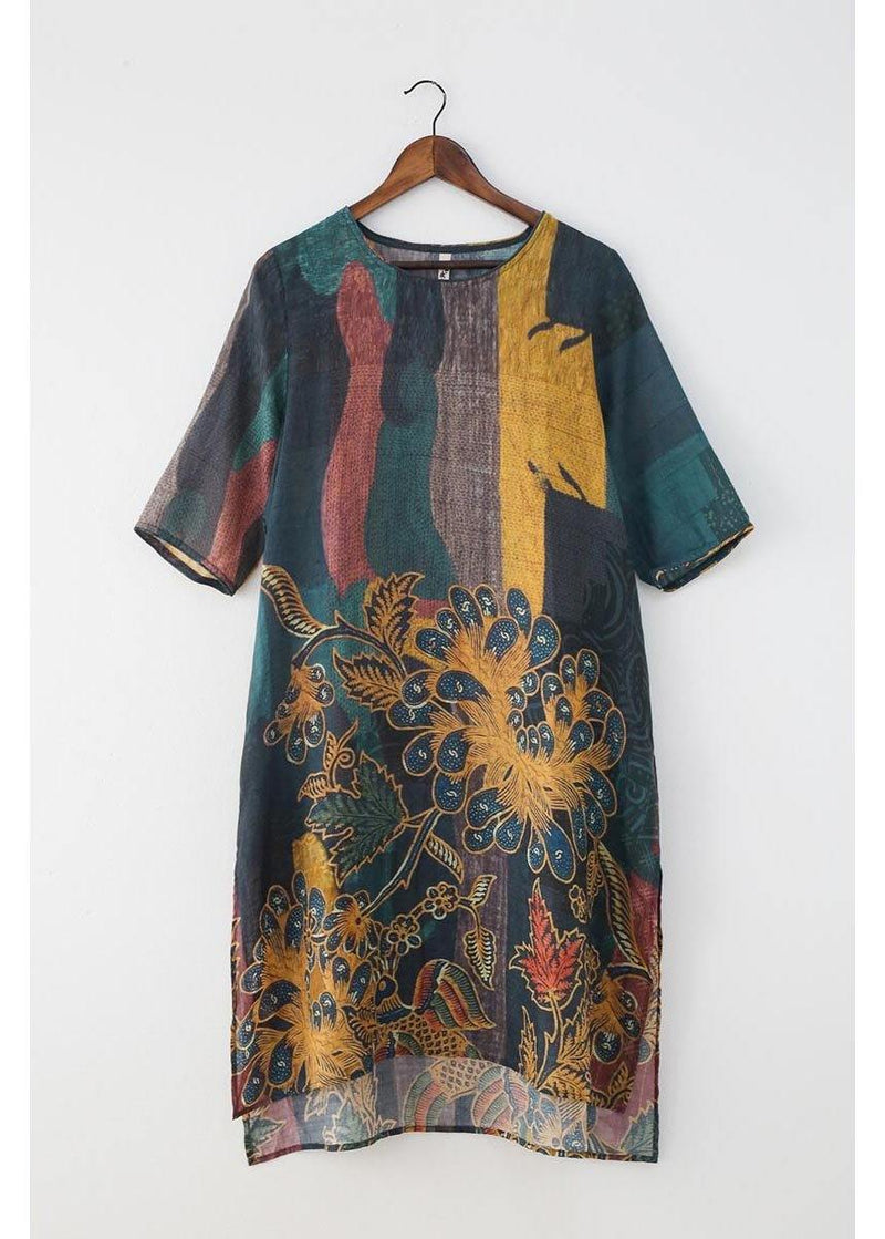 Yellow Green Print Linen O-neck Summer Maxi Dresses