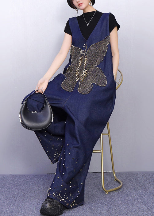 Sparkling Insect Motif Navy Denim Jumpsuits Urban Stance