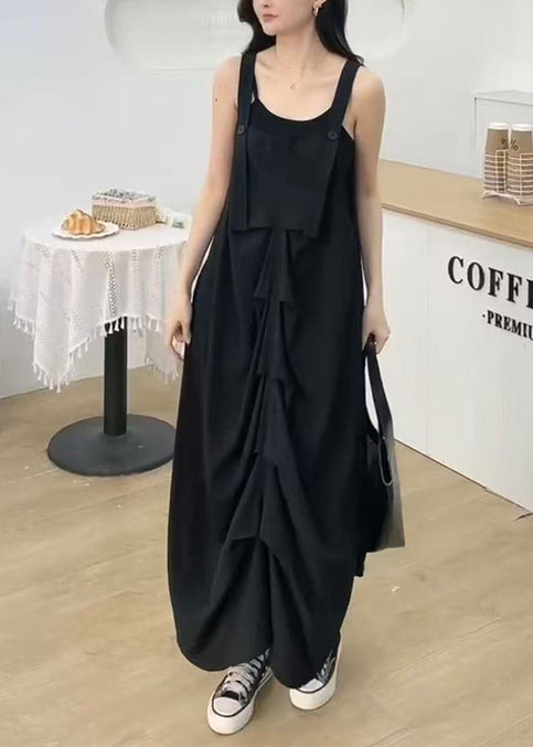 Black Wrinkled Cotton Cami Dresses Summer
