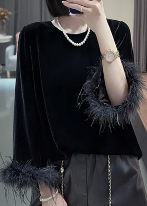 Apricot O Neck Patchwork Silk Velour Tops Long Sleeve