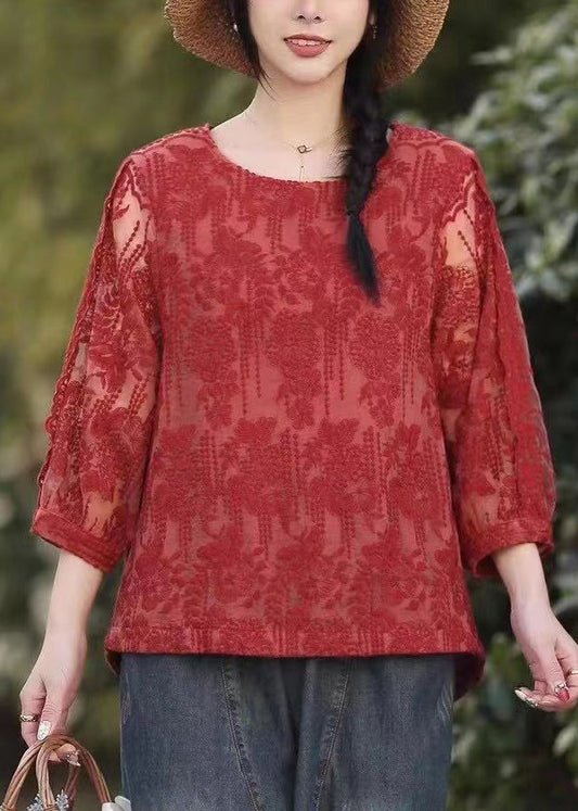 Red O Neck Embroideried Lace T Shirt Tops Fall