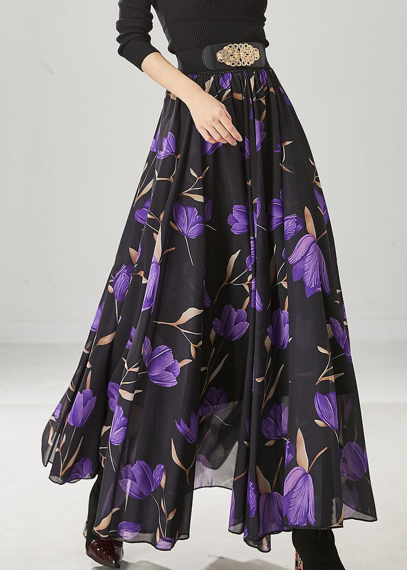 Black Tulip Print Exra Large Hem Chiffon Skirt Spring