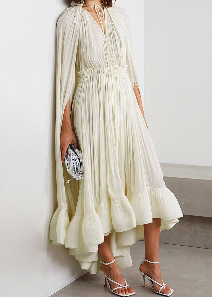 Apricot Ruffled Lace Up Cotton Party Dresses Batwing Sleeve