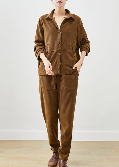 Khaki Chinese Button Warm Fleece Corduroy Sets 2 Pieces Winter
